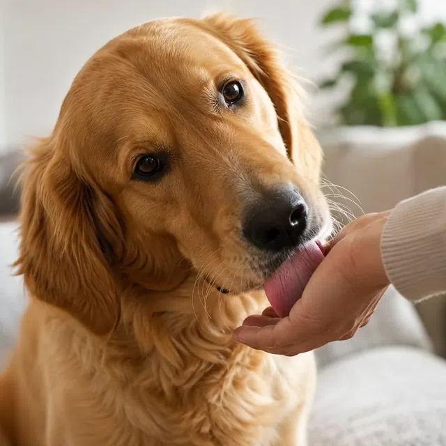 Hond die vriendelijk de hand van een mens likt