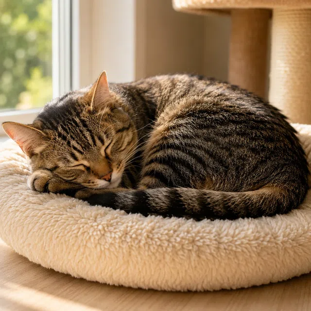 Yumuşak bir kedi yatağında kıvrılarak uyuyan tekir evcil kedi