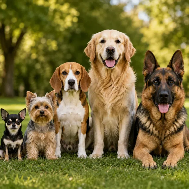 Cinq races de chiens de tailles différentes assises ensemble dans l'herbe