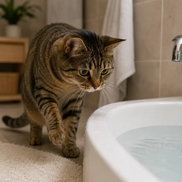 Tigrerad katt som försiktigt tittar på vattnet i ett badkar