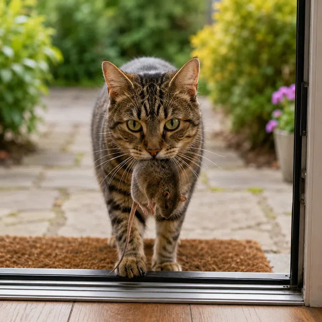 Chat domestique tigré rapportant une petite proie dans un lieu sûr