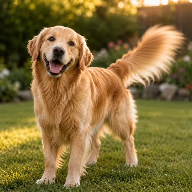Hund wedelt mit dem Schwanz und zeigt dabei eine aufmerksame Körpersprache