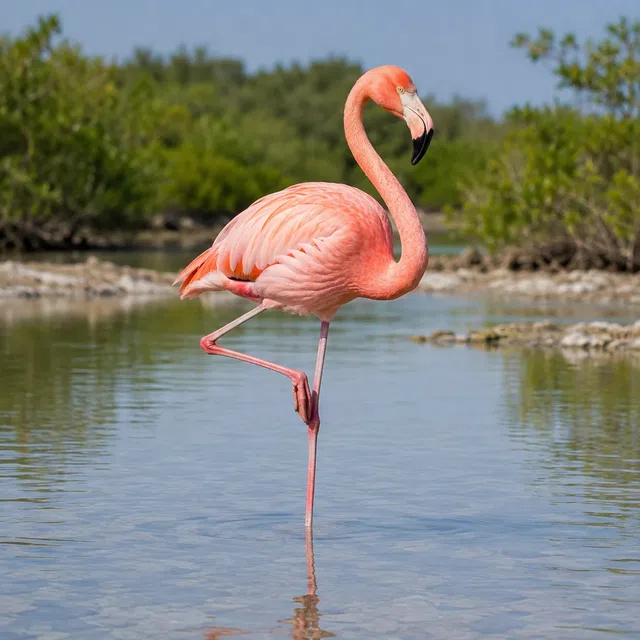 Yazısız nötr bir duruşta tek ayaklı flamingo
