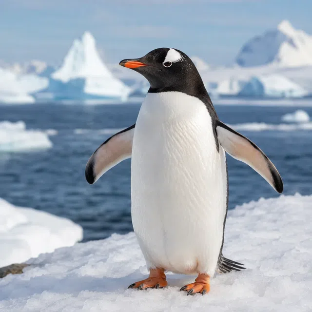 Deniz ve buz dağları önünde buz üzerinde penguen