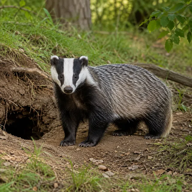 Badger in front of an entrance to an underground burrow
