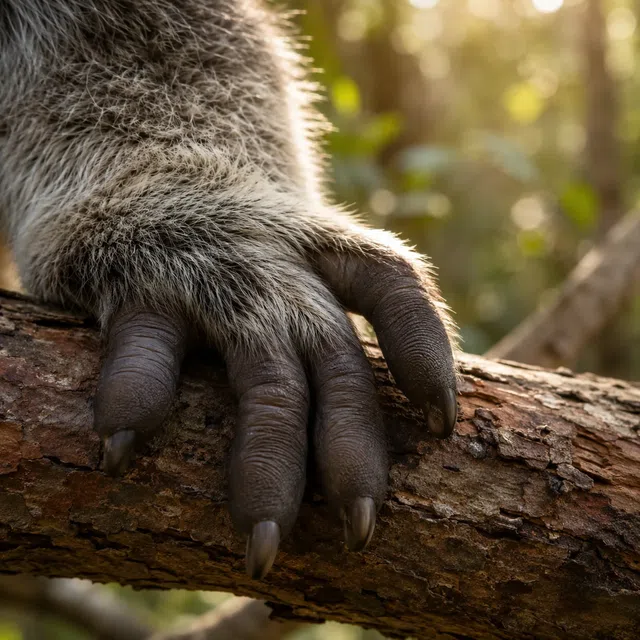 Marsupial arboricole gris stylisé à côté d'un motif d'empreintes digitales humaines sans étiquettes