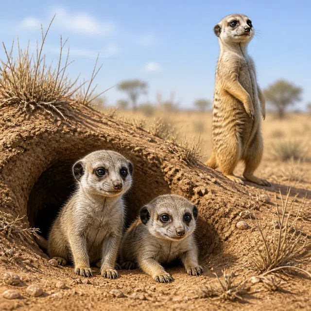 Ilustrasi asli meerkat muda di liang bersama orang dewasa yang waspada