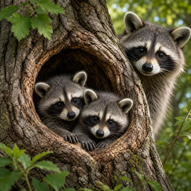 Illustration originale de jeunes ratons laveurs dans un creux d'arbre avec leur mère