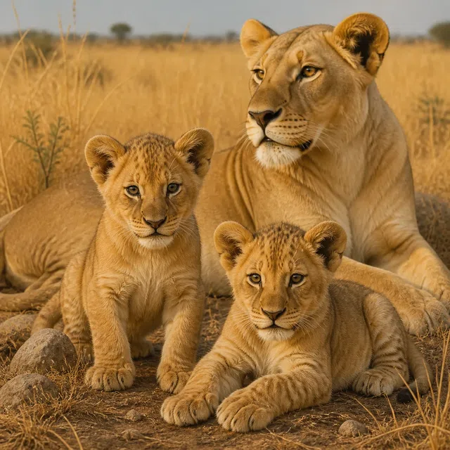 Originale Illustration junger Löwen mit Löwin im trockenen Savannengras