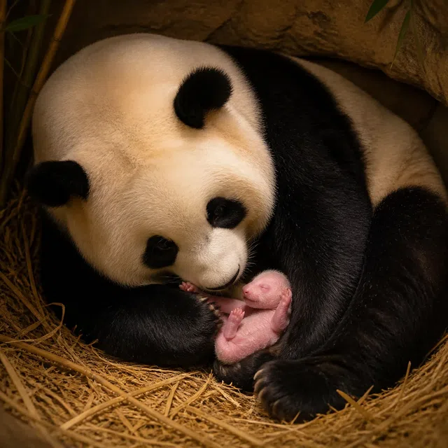 Ilustrasi asli ibu panda raksasa dengan anaknya yang baru lahir sangat kecil