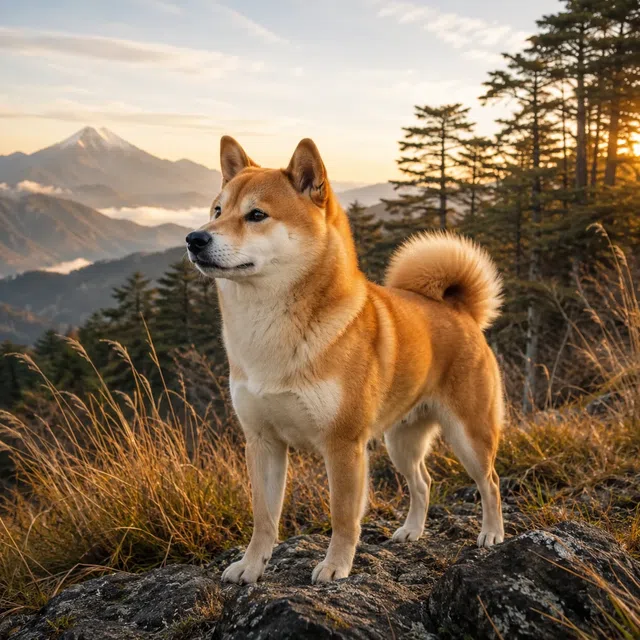 Shiba Inu dans un paysage montagneux japonais