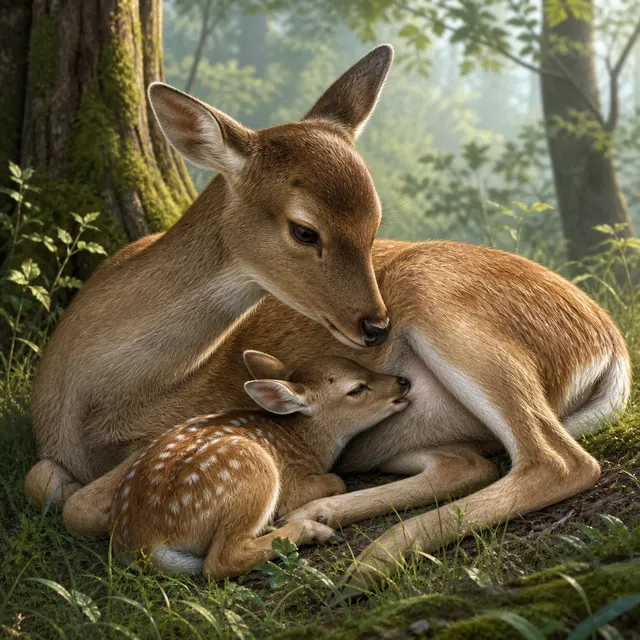 Ilustração original da natureza de uma corça amamentando seu filhote