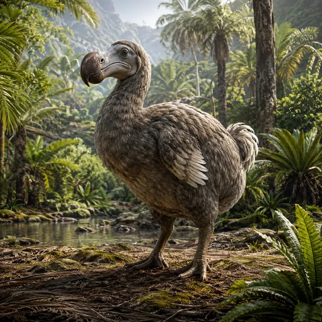 Dodo dans un paysage de forêt tropicale sur une île