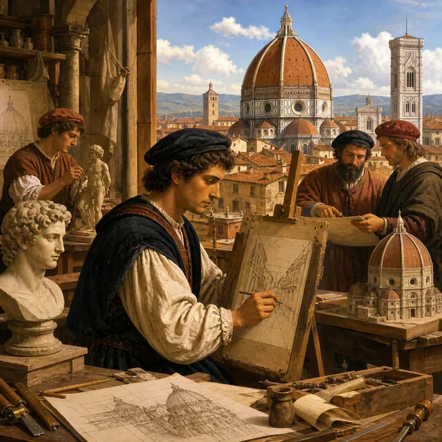 Illustration historique originale d'un atelier de la Renaissance avec une cathédrale toscane en forme de dôme en arrière-plan