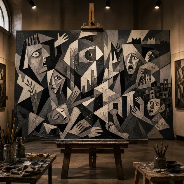 Illustration originale d’une peinture anti-guerre fictive inspirée du cubisme dans un atelier d’art