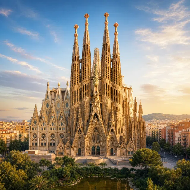Illustrazione originale di una basilica decorata incompiuta con alte torri a Barcellona