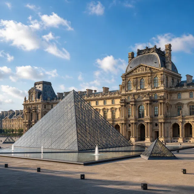 Illustration originale d'un grand palais de musée et d'une pyramide de verre sur une place d'une ville européenne