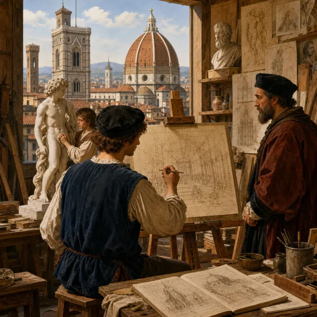 Illustration historique originale d'un atelier de la Renaissance avec Florence en arrière-plan