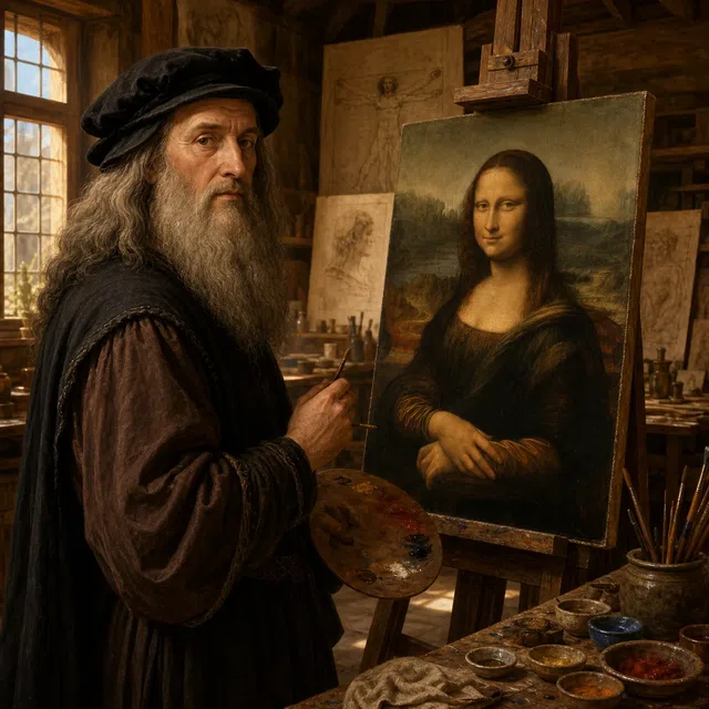 Ilustración original de un artista del Renacimiento pintando un famoso retrato de una mujer sentada