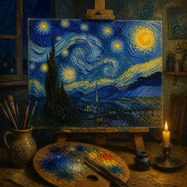 Illustration originale d'un atelier d'artiste avec une nuit étoilée bleue tourbillonnante
