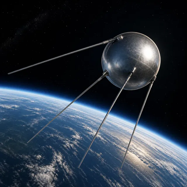 Ilustrasi asli satelit awal berbentuk bola yang dipoles dengan empat antena di atas Bumi