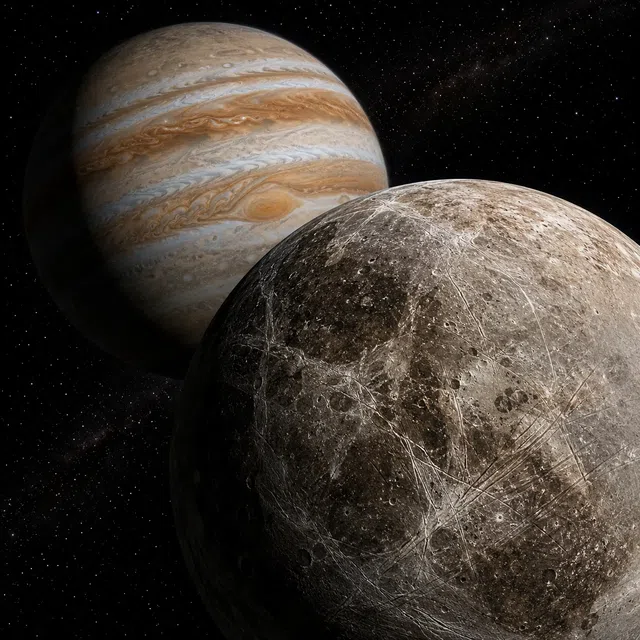 Grande lune glacée à côté d’une géante gazeuse rayée dans l’espace