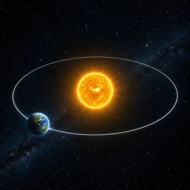 Illustration scientifique originale de la Terre suivant son orbite autour d'une étoile brillante