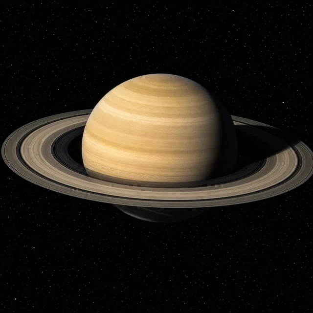 Illustration originale d'une planète pâle entourée d'un système d'anneaux proéminent