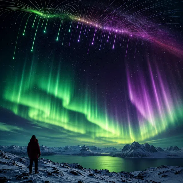 Aurores boréales vertes au-dessus d'un paysage polaire enneigé avec une personne qui regarde