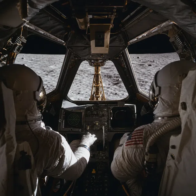 Deux astronautes dans le cockpit d'un module lunaire peu avant l'atterrissage