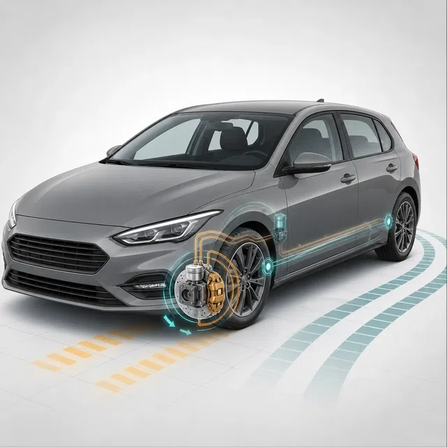 Illustrazione tecnica originale di una ruota di automobile che frena sotto controllo su strada bagnata