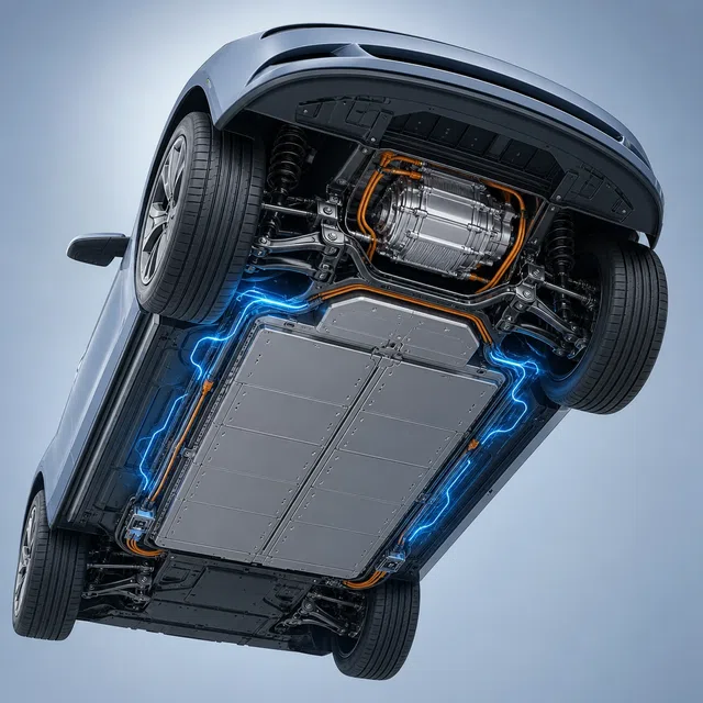 Illustration technique originale d'une voiture électrique avec sa batterie visible sous le véhicule