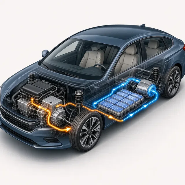 Ilustrasi teknis asli mobil hybrid dengan mesin pembakaran, motor listrik, dan baterai
