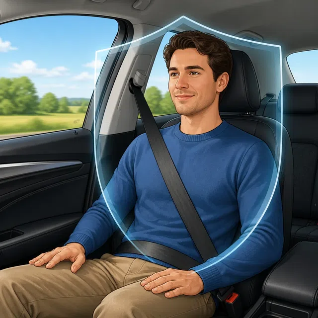Illustration originale d'un passager de voiture retenu par une sangle diagonale à trois points