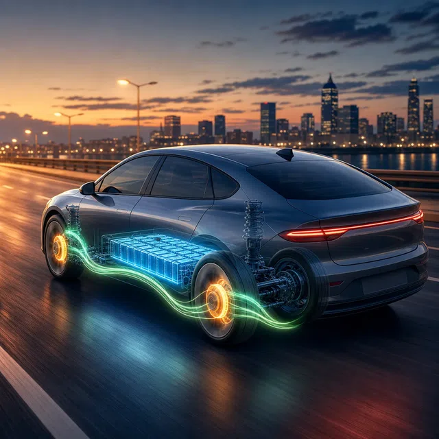 Illustration originale d'une voiture électrique avec un flux d'énergie lumineux des roues à la batterie