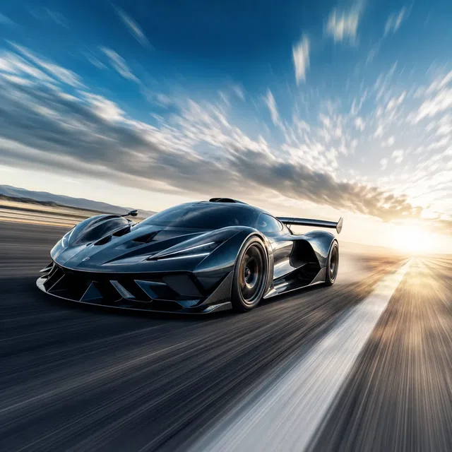 Hypercar listrik futuristik melaju di jalur uji kecepatan tinggi