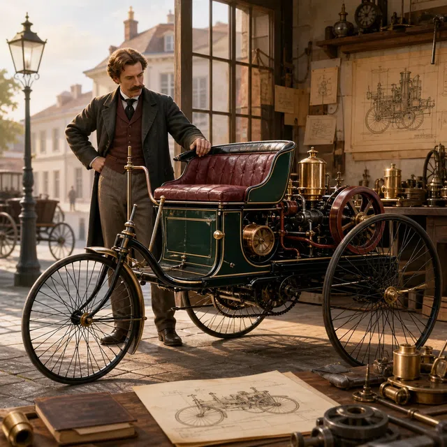 Représentation historique d’un Benz Patent-Motorwagen à trois roues dans un atelier