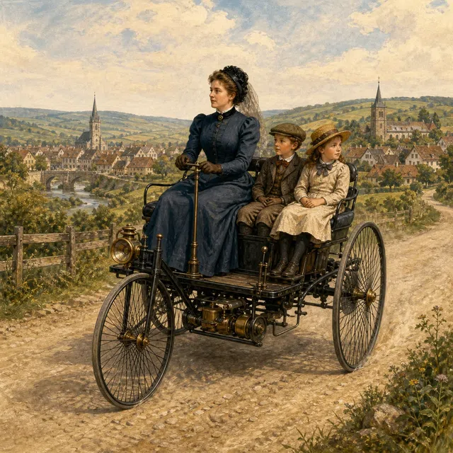 Représentation historique d'une femme et de deux garçons voyageant dans une des premières voitures à trois roues