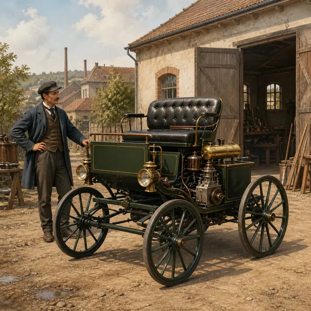 Représentation historique d’une voiture à moteur Daimler à quatre roues de 1886