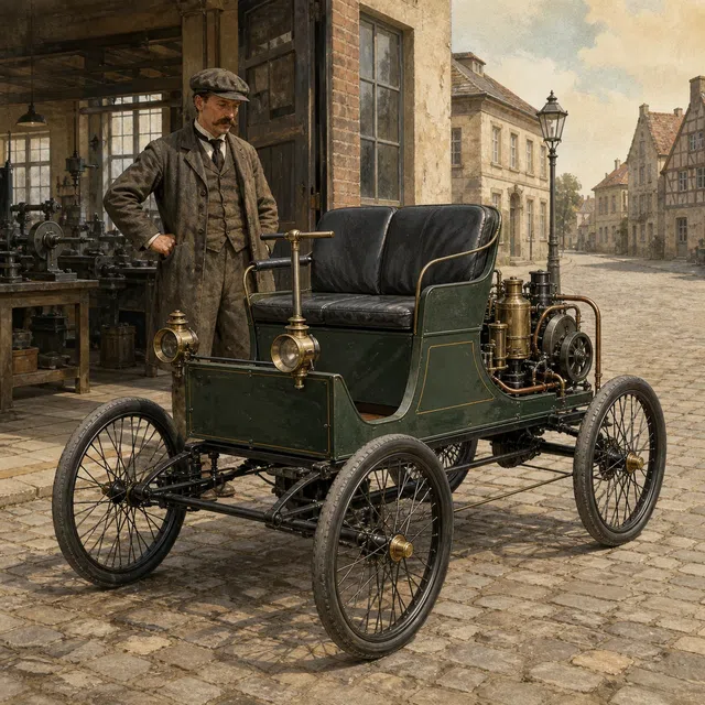Rappresentazione storica di una piccola carrozza a motore del 1890 all'esterno di un'officina