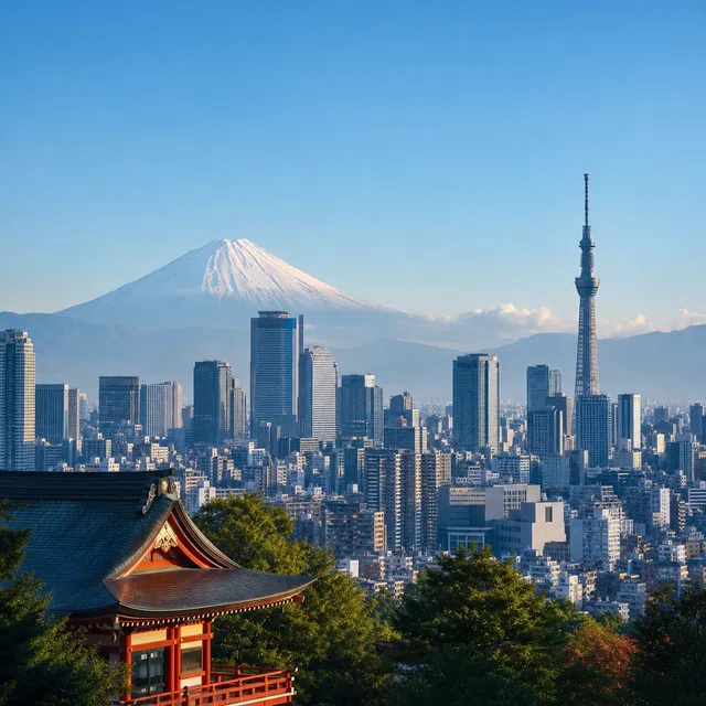 Veduta originale della città di una densa metropoli giapponese con il Monte Fuji e un santuario