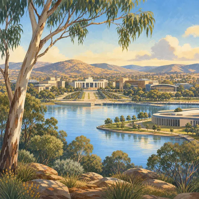 Illustration originale d'une ville civique australienne planifiée avec un lac et de larges avenues symétriques
