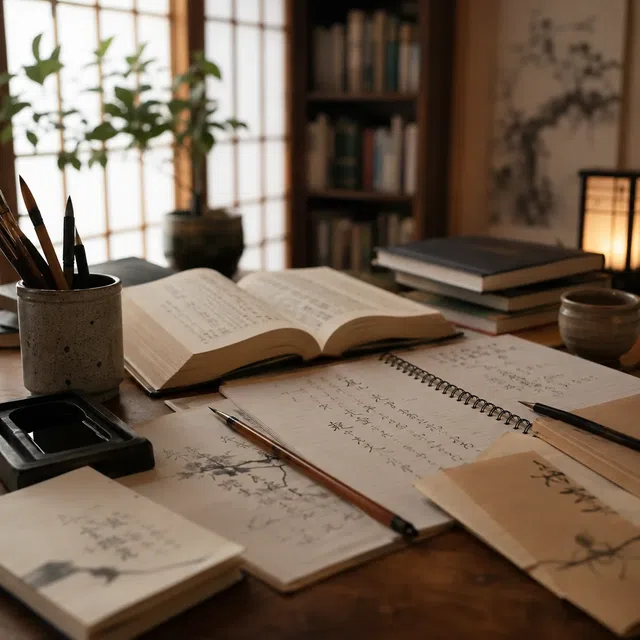 Bureau d'étude japonais avec des livres ouverts, des cahiers, des pinceaux et des caractères écrits