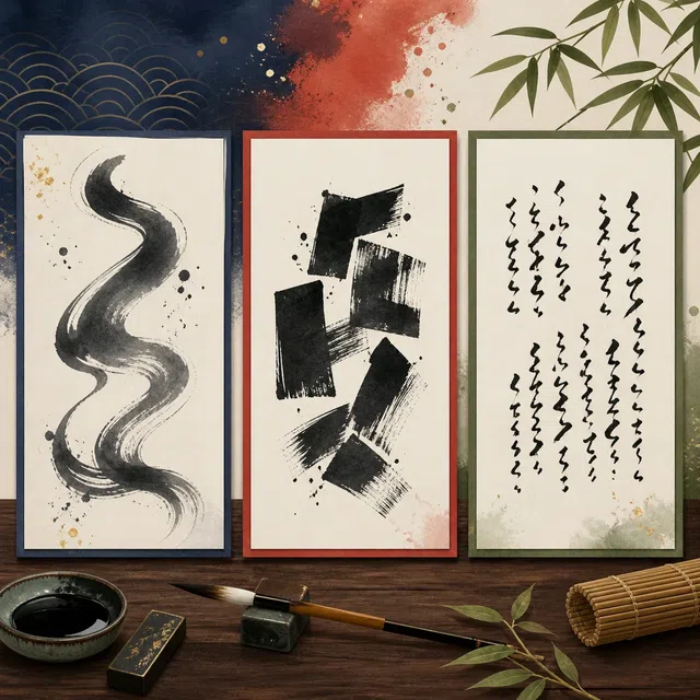 Ilustración original de tres texturas de escritura japonesa ilegibles sobre papel