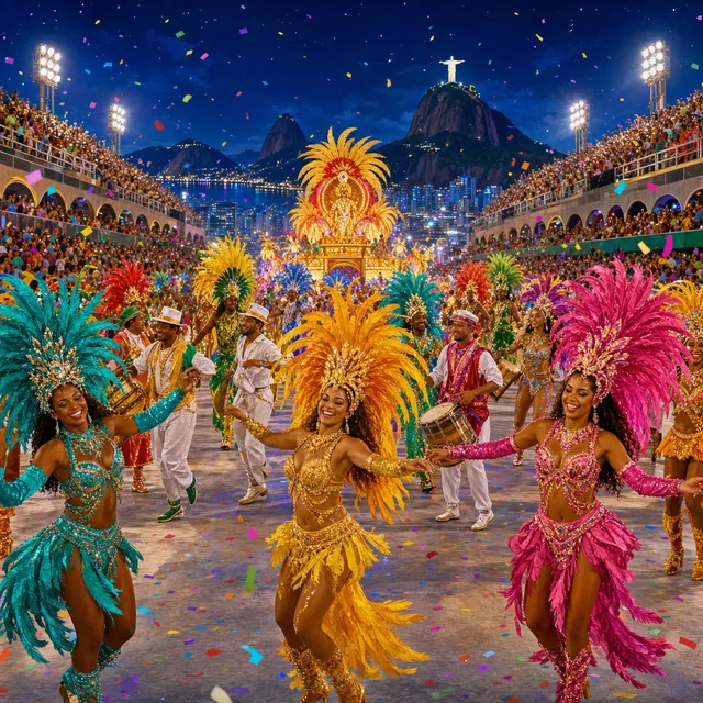 Illustration originale de danseurs de carnaval et de chars dans une ville côtière au pied de collines escarpées