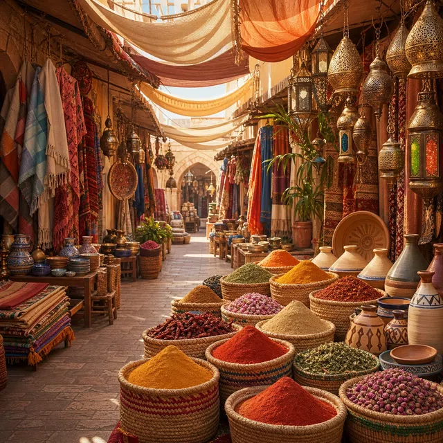 Illustration originale d'un bazar couvert d'épices, de céramiques, de textiles et de lanternes