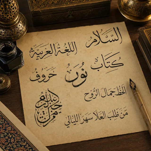 Arabische Kalligrafie auf einem Pergament neben Tintenfass und Schreibfeder