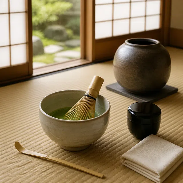 Ilustração original de uma cerimônia do chá japonesa com tigela de matcha, batedor de bambu e recipiente de água fechado
