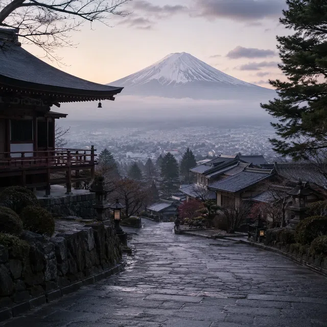 Japanskt landskap med uppgående sol som frågebild