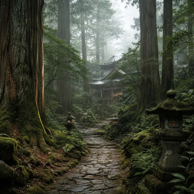 Torii rouge et bâtiment de sanctuaire dans une forêt japonaise